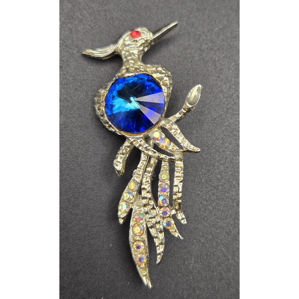 Large Peacock Bird Brooch Pin Bright Blue Rivoli Rhinestone